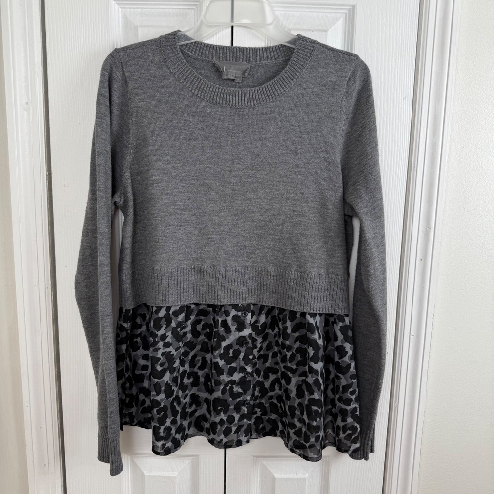 Anthropologie Moth Grey Mixed Media Leopard Print Layered Sweater Size‎ M